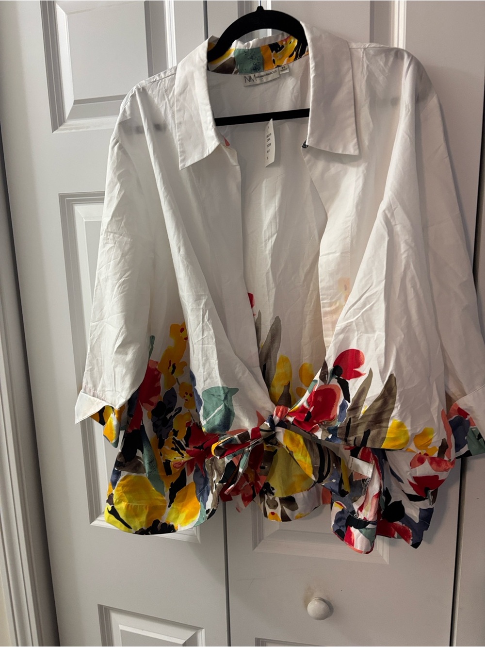 Neiman Marcus White Blouse with Yellow, Teal and Black Printed Trim